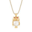 C. 1990 Vintage South Sea Pearl, .15 ct. t.w. Ruby and .10 ct. t.w. Diamond Owl Pendant Necklace in 18kt Two-Tone Gold
