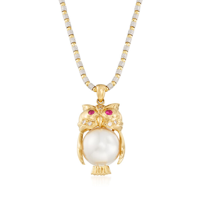 C. 1990 Vintage South Sea Pearl, .15 ct. t.w. Ruby and .10 ct. t.w. Diamond Owl Pendant Necklace in 18kt Two-Tone Gold