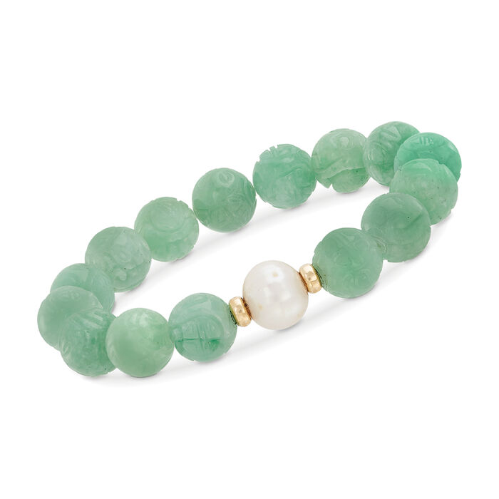 11-12mm Cultured Pearl and 12mm Carved Jade &quot;Dragon&quot; Bead Stretch Bracelet with 14kt Yellow Gold