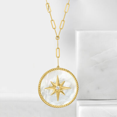 Mother-of-Pearl and .30 Carat White Topaz North Star Medallion Necklace in 18kt Gold Over Sterling