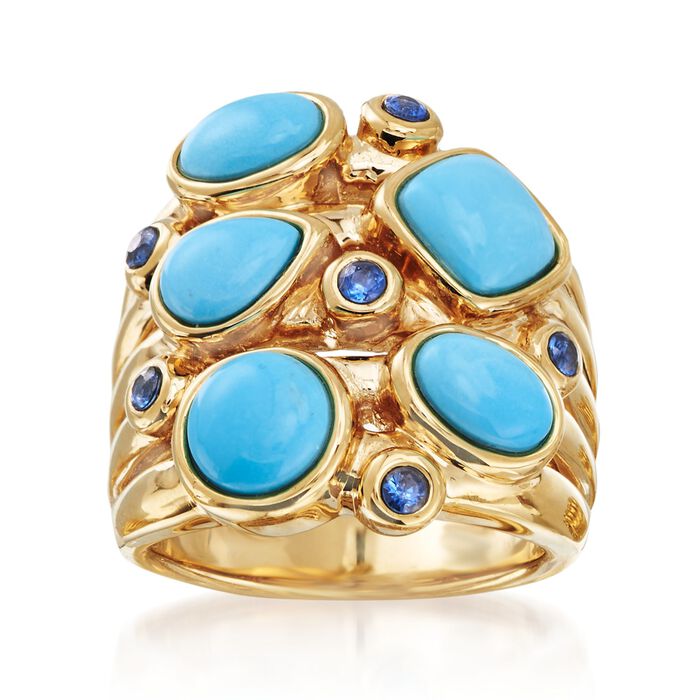 Turquoise and .20 ct. t.w. Sapphire Multi-Row Cluster Ring in 14kt Yellow Gold
