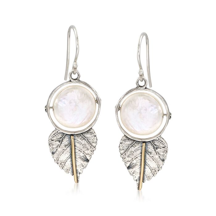 12mm Cultured Coin Pearl Leaf Drop Earrings in Sterling Silver and 14kt Gold