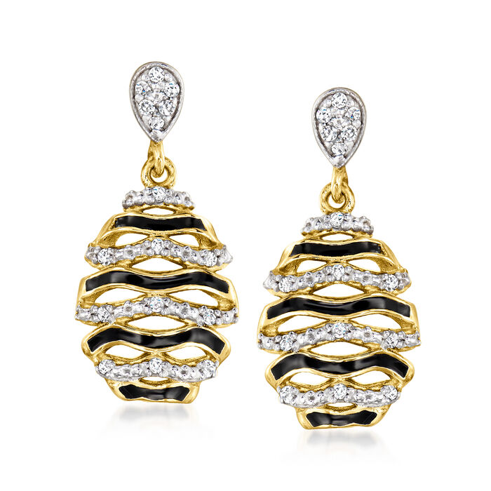 .15 ct. t.w. Diamond and Black Enamel Wavy Drop Earrings in 18kt Gold Over Sterling