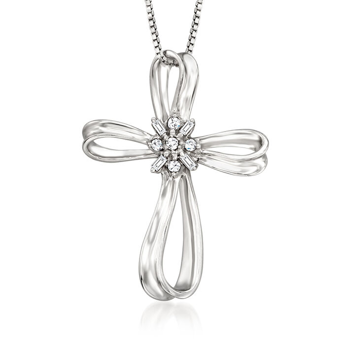 .10 ct. t.w. Diamond Ribboned Cross Pendant Necklace in Sterling Silver