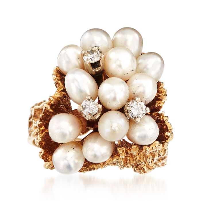 C. 1970 Vintage 4mm Cultured Pearl and .20 ct. t.w. Diamond Cluster Ring in 14kt Yellow Gold