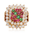 C. 1980 Vintage 2.65 ct. t.w. Diamond, 1.20 ct. t.w. Ruby and .40 ct. t.w. Emerald Ring in 14kt Yellow Gold