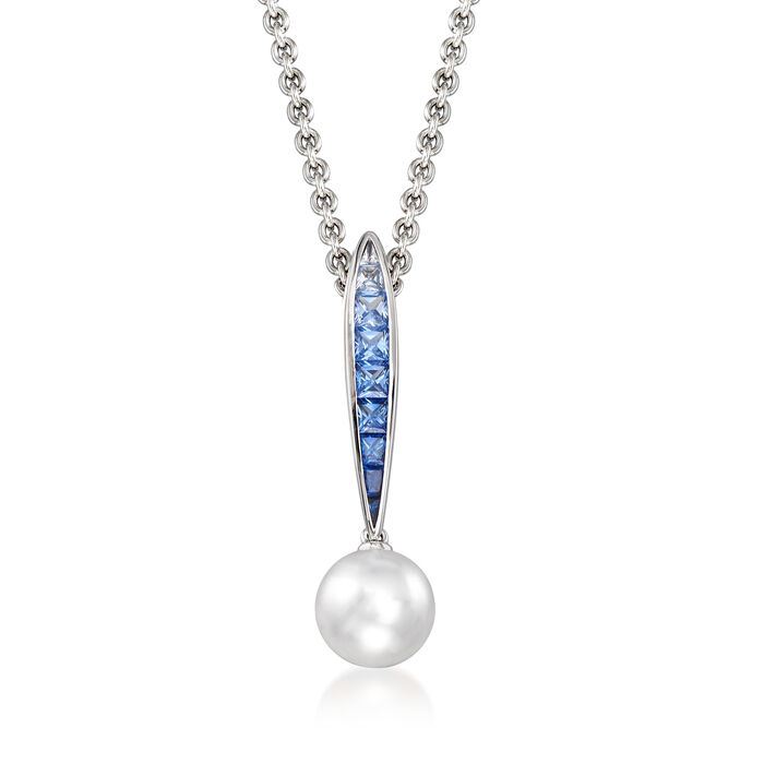 Mikimoto &quot;Ocean&quot; 8mm A+ Akoya Pearl and .56 ct. t.w. Sapphire Pendant Necklace in 18kt White Gold