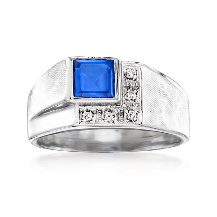 C. 1970 Vintage Men's .75 Carat Synthetic Blue Spinel Ring with Diamond Accents in 10kt White Gold