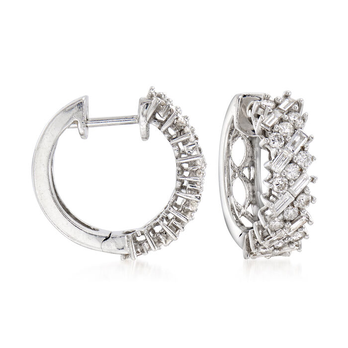 C. 1990 Vintage 1.35 ct. t.w. Round and Baguette Diamond Hoop Earrings in 18kt White Gold 