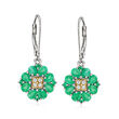 2.00 ct. t.w. Emerald and .10 ct. t.w. White Zircon Flower Drop Earrings in Sterling Silver and 14kt Yellow Gold