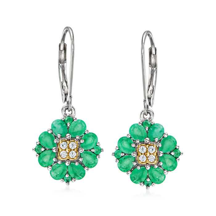 2.00 ct. t.w. Emerald and .10 ct. t.w. White Zircon Flower Drop Earrings in Sterling Silver and 14kt Yellow Gold