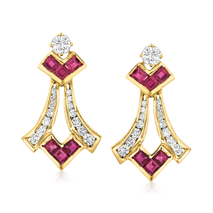 C. 1980 Vintage 2.00 ct. t.w. Ruby and 1.60 ct. t.w. Diamond Drop Earrings in 14kt Yellow Gold