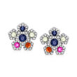 .59 ct. t.w. Multicolored Sapphire and .27 ct. t.w. Diamond Flower Earrings in 14kt White Gold