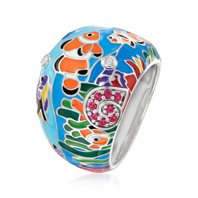 Belle Etoile &quot;Clownfish&quot; Multicolored Enamel Ring with .12 ct. t.w. Simulated Rubies and CZ Accents in Sterling Silver