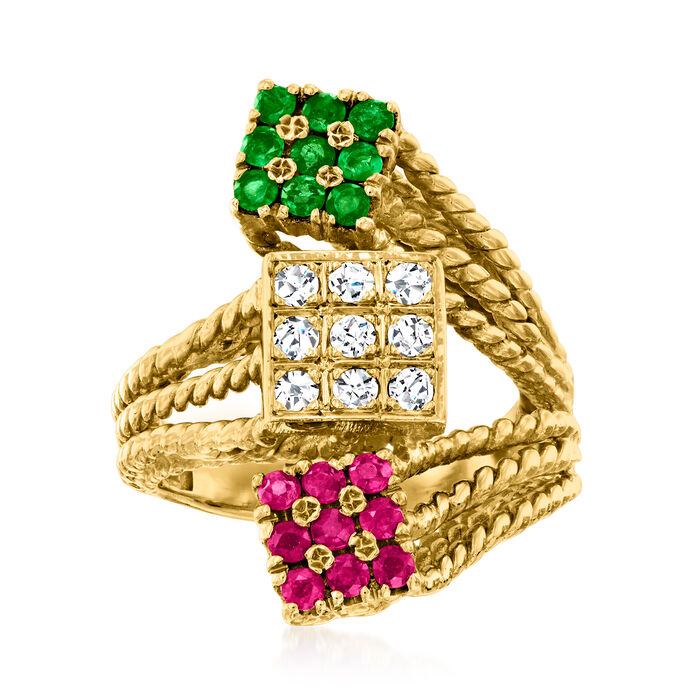 C. 1970 Vintage .45 ct. t.w. Ruby, .36 ct. t.w. Emerald and .35 ct. t.w. Diamond Square Cocktail Ring in 18kt Yellow Gold