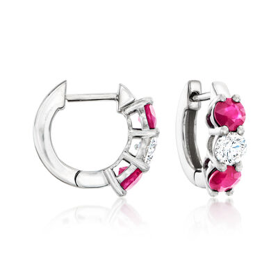 1.20 ct. t.w. Ruby and .50 ct. t.w. Lab-Grown Diamond Hoop Earrings in 14kt White Gold