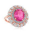 6.50 Carat Pink Topaz Ring with .40 ct. t.w. Swiss Blue Topaz and .69 ct. t.w. Diamonds in 14kt Rose Gold