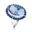 Italian Blue Agate Cameo Ring with 1.32 ct. t.w. Blue Spinel in Sterling Silver