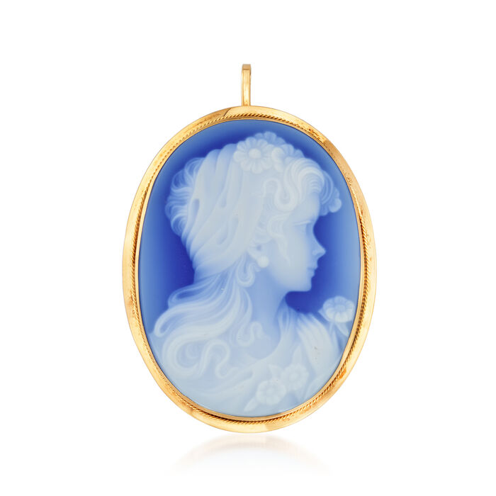 C. 1980 Vintage Blue Agate Cameo Pin/Pendant in 18kt Yellow Gold