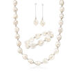 11-12mm Cultured Baroque Pearl and Sterling Silver Jewelry Set: Earrings, Bracelet and Necklace