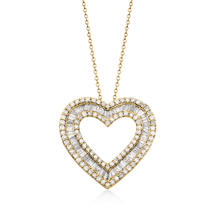 3.00 ct. t.w. Baguette and Round Diamond Heart Pendant Necklace in 18kt Gold Over Sterling