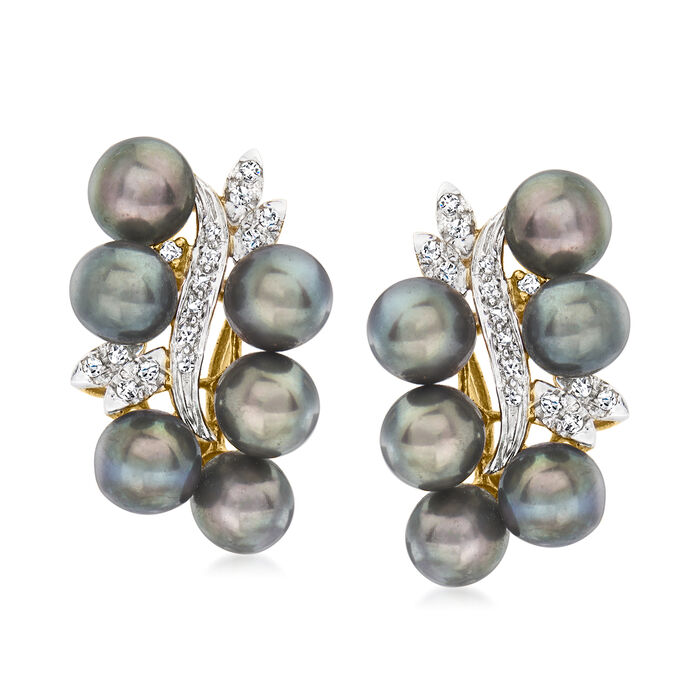C. 1990 Vintage 6mm Black Cultured Pearl and .30 ct. t.w. Diamond Earrings in 14kt Yellow Gold