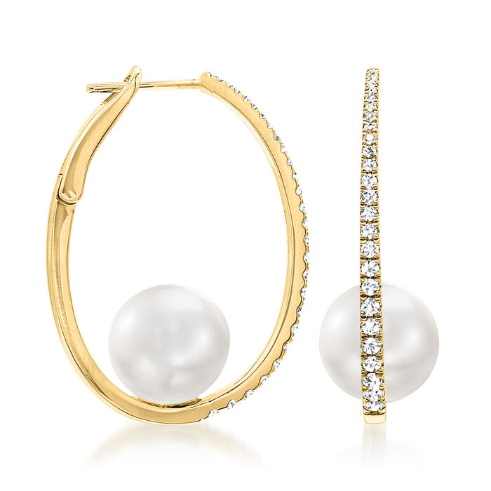 10-11mm Cultured South Sea Pearl Hoop Earrings with .55 ct. t.w. Diamonds in 18kt Yellow Gold