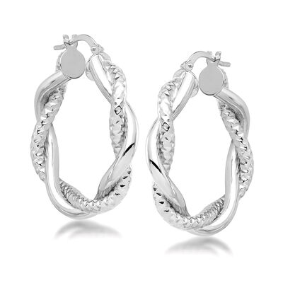 Italian 14kt White Gold Textured and Polished Twisted Hoop Earrings