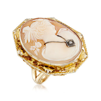 C. 1940 Vintage Brown Shell Cameo Ring with Diamond Accent in 14kt Yellow Gold