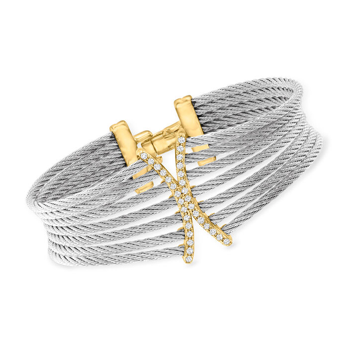 ALOR &quot;Classique&quot; Gray Stainless Steel Cable Cuff Bracelet with .25 ct. t.w. Diamonds in 18kt Yellow Gold