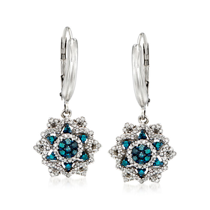 .50 ct. t.w. Blue and White Diamond Flower Drop Earrings in Sterling Silver