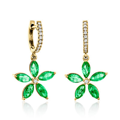 C. 1990 Vintage 2.16 ct. t.w. Emerald and .29 ct. t.w. Diamond Flower Drop Earrings in 14kt Yellow Gold
