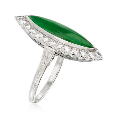 C. 1950 Vintage Nephrite and .80 ct. t.w. Diamond Marquise-Shaped Ring in Platinum
