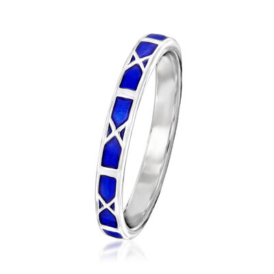 Blue Enamel X-Pattern Ring in Sterling Silver
