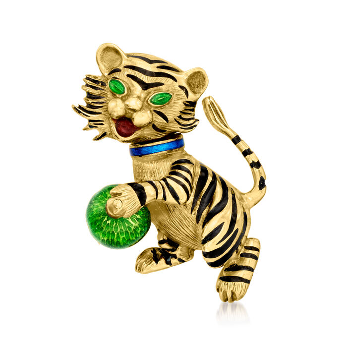 C. 1970 Vintage 14kt Yellow Gold Tiger with Ball Pin with Multicolored Enamel 