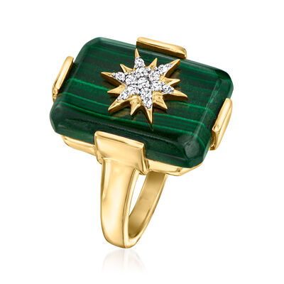 Malachite and .10 ct. t.w. White Zircon Starburst Ring in 18kt Gold Over Sterling