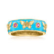 Blue Enamel Butterfly Ring with Rhodolite Garnet Accents in 18kt Gold Over Sterling