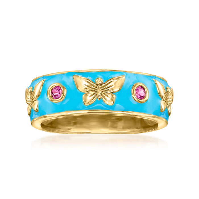 Blue Enamel Butterfly Ring with Rhodolite Garnet Accents in 18kt Gold Over Sterling