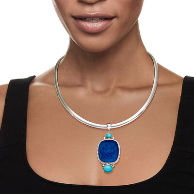 Italian Blue Venetian Glass Diana the Huntress Pendant with Amazonite in Sterling Silver