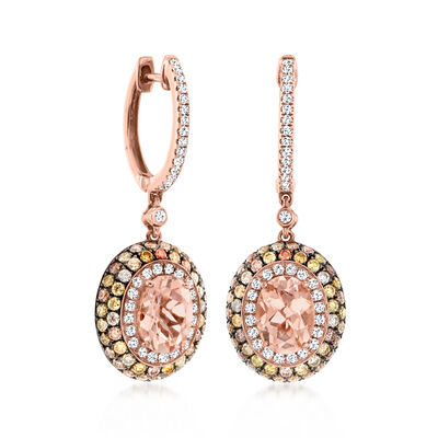 2.30 ct. t.w. Morganite Drop Earrings with 1.54 ct. t.w. Multicolored Diamond Hoop Drop Earrings in 14kt Rose Gold