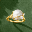 11-11.5mm Cultured Pearl Leaf Ring with Diamond Accents in 18kt Gold Over Sterling