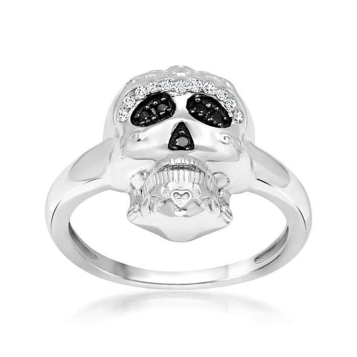 .10 ct. t.w. Black and White Diamond Sugar Skull Ring in Sterling Silver