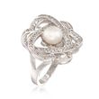 6.5-7mm Cultured Pearl and .40 ct. t.w. White Topaz Interlocking Heart Ring in Sterling Silver