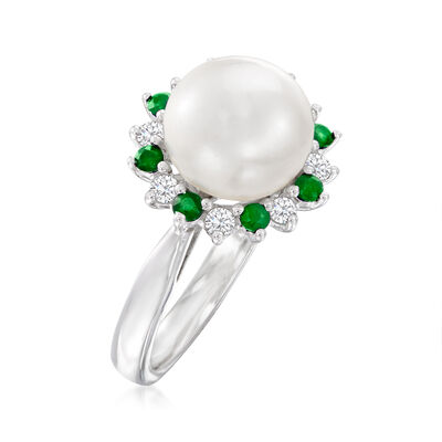 9-9.5mm Cultured Pearl Halo Ring with .40 ct. t.w. White Sapphires and .30 ct. t.w. Emeralds in Sterling Silver