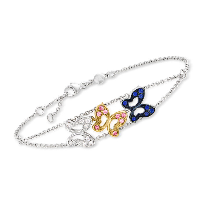C. 1990 Vintage .35 ct. t.w. Multicolored Sapphire and .13 ct. t.w. Diamond Butterfly Bracelet in 18kt Two-Tone Gold