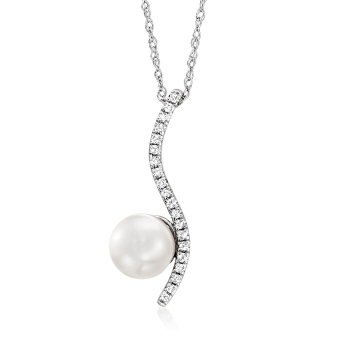 7-7.5mm Cultured Akoya Pearl and .16 ct. t.w. Diamond Curve Pendant Necklace in 14kt White Gold