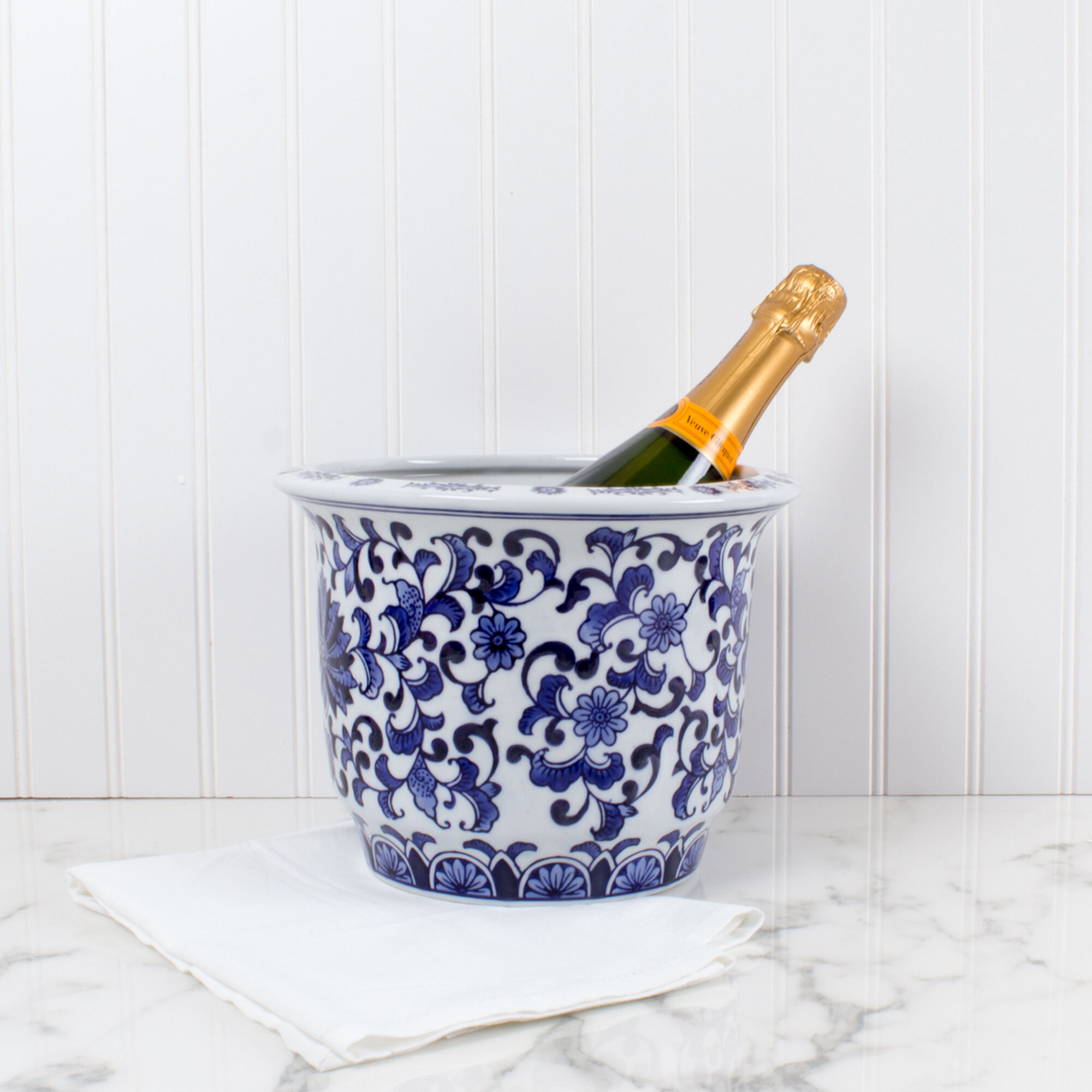 blue and white ice bucket