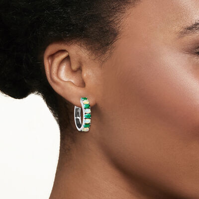 Opal and 1.90 ct. t.w. Emerald Hoop Earrings in Sterling Silver