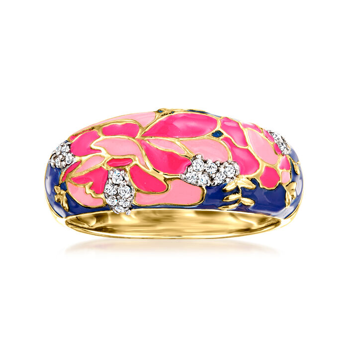 Multicolored Enamel and .10 ct. t.w. White Topaz Floral Ring in 18kt Gold Over Sterling