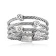 ALOR &quot;Classique&quot; Gray Stainless Steel Cable Ring with Diamond Stations and 18kt White Gold